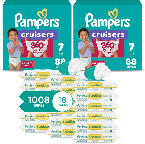 Pampers Pull On Cruisers 360° Fit Disposable Baby Diapers Size 7, 2 Months Supply (2 x 88 Count) with Sensitive Water Based Baby Wipes 12X Multi Pack Pop-Top and Refill (1008 Count)