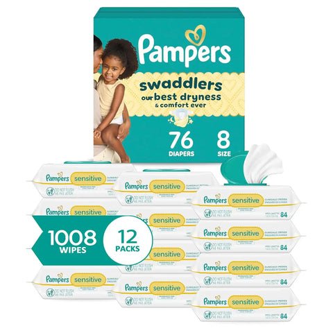 Pampers Swaddlers Disposable Baby Diapers Size 8, 76 Count with Sensitive Water Based Baby Wipes 12 Flip-Top Packs (1008 Wipes Total)