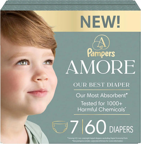 Pampers Amore, Size 7 (26-50 lbs), 60 Count, Our Best Diaper – Hypoallergenic & Fragrance Free, Up to 100% Leakproof, Soft as Cashmere