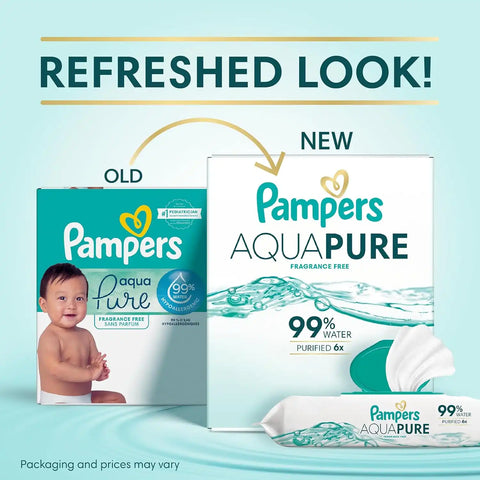 Pampers Aqua Pure Baby Wipes, 99% Water, Fragrance Free, Unscented, Water Based, Multi-Use, 336 Wipes Total (6X Flip-Top Packs) [Packaging May Vary]