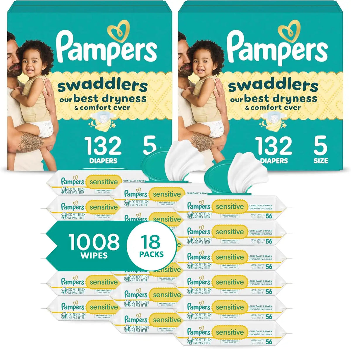 Pampers Swaddlers Disposable Baby Diapers Size 5, 2 Month Supply (2 x 132 Count) with Sensitive Water Based Baby Wipes 12X Multi Pack Pop-Top and Refill (1008 Count) [Packaging May Vary]