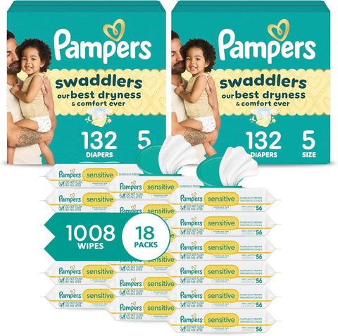 Pampers Swaddlers Disposable Baby Diapers Size 5, 2 Month Supply (2 x 132 Count) with Sensitive Water Based Baby Wipes 12X Multi Pack Pop-Top and Refill (1008 Count) [Packaging May Vary]