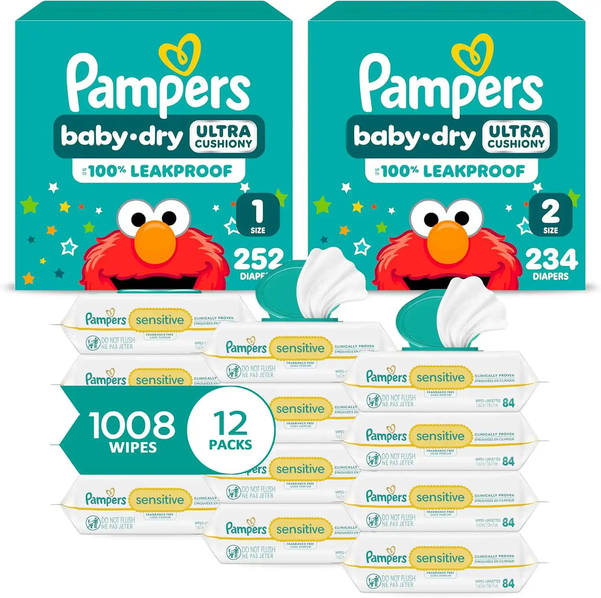 Pampers Baby Dry Disposable Baby Diapers Starter Kit, Sizes 1 (252 Count) & 2 (234 Count), with Sensitive Water Based Baby Wipes 12 Flip-Top Packs (1008 Wipes Total)