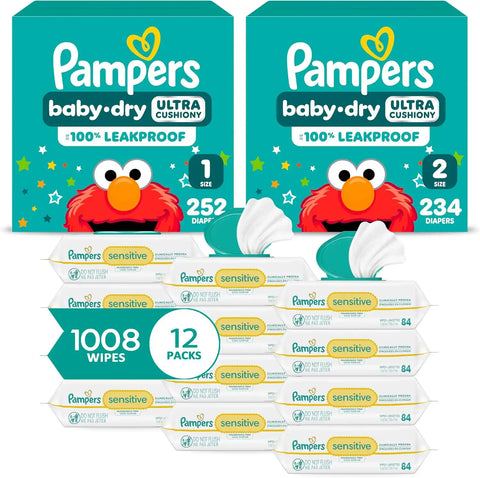 Pampers Baby Dry Disposable Baby Diapers Starter Kit, Sizes 1 (252 Count) & 2 (234 Count), with Sensitive Water Based Baby Wipes 12 Flip-Top Packs (1008 Wipes Total)