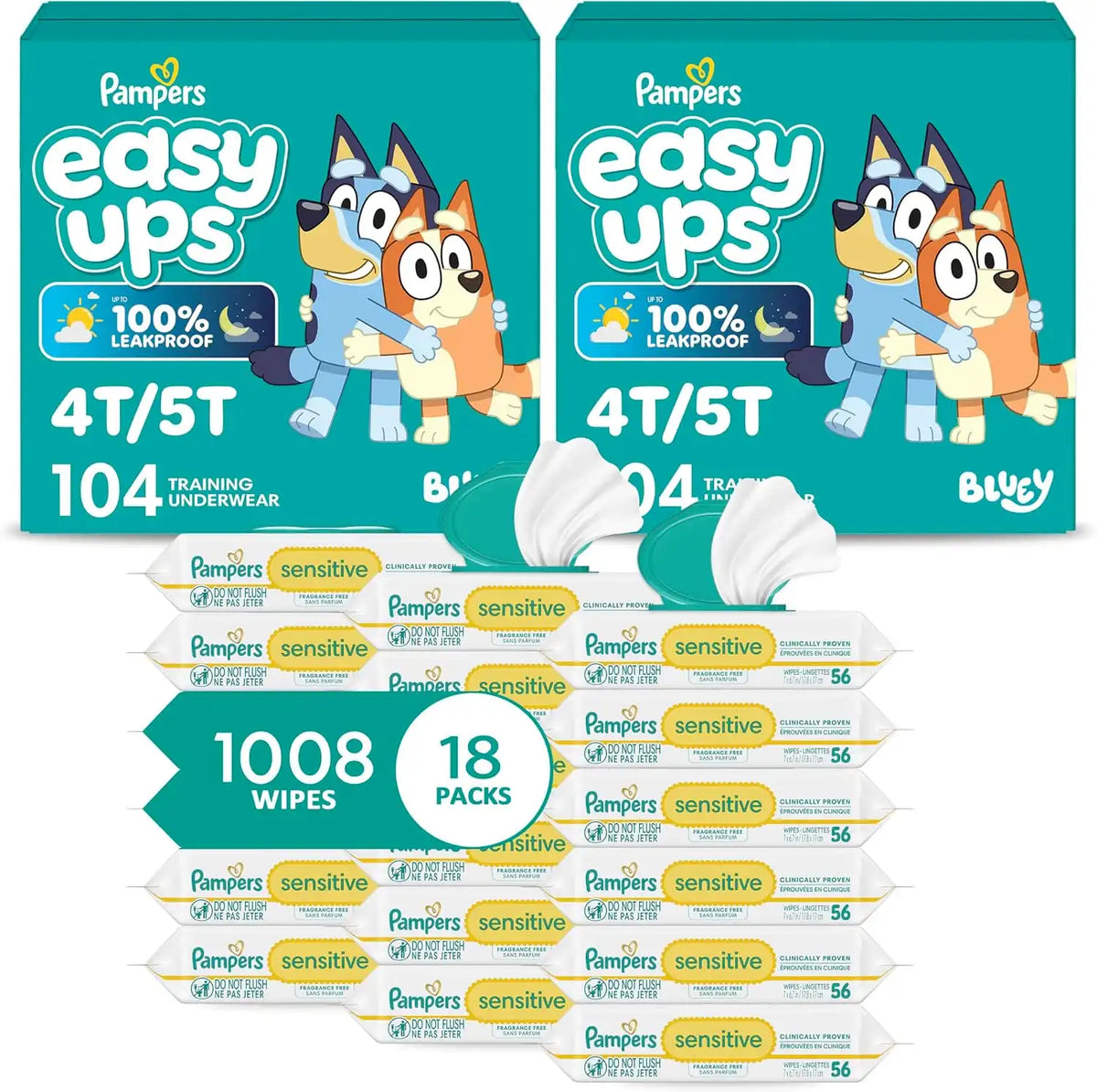 Pampers Easy Ups Pull On Training Underwear Boys, 4T-5T, 2 Month Supply (2 x 104 Count) with Sensitive Water Based Baby Wipes 12X Multi Pack Pop-Top and Refill (1008 Count)