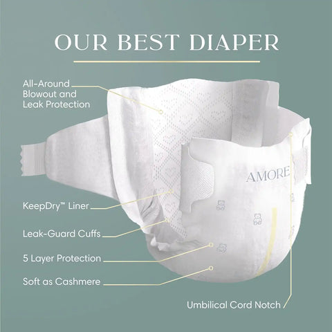 Pampers Amore, Size 0 (up to 10 lbs), 128 Count, Our Best Diaper – Hypoallergenic & Fragrance Free, Up to 100% Leakproof, Soft as Cashmere
