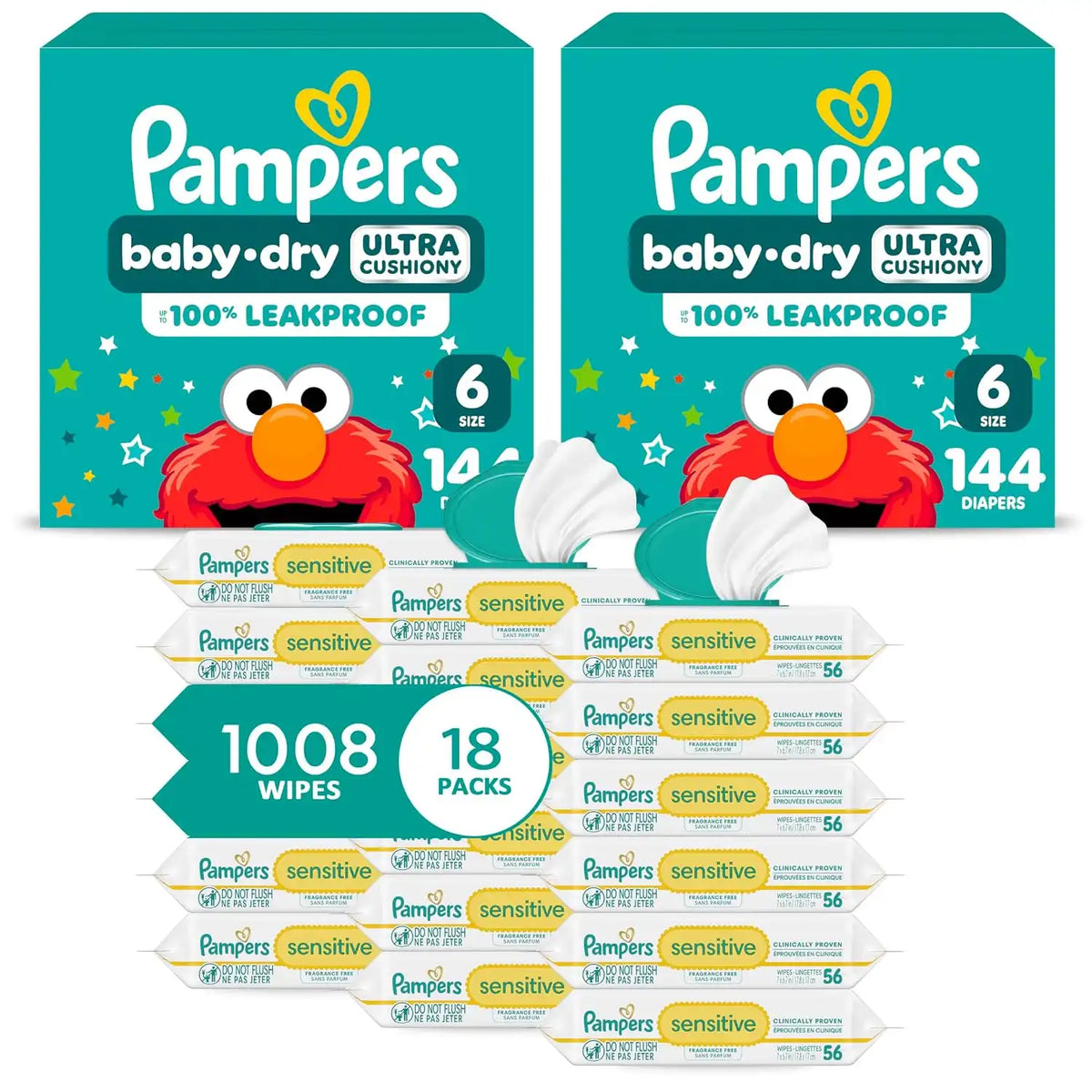Pampers Baby Dry Disposable Baby Diapers Size 6, 2 Month Supply (2 x 144 Count) with Sensitive Water Based Baby Wipes 12X Multi Pack Pop-Top and Refill (1008 Count) [Packaging May Vary]