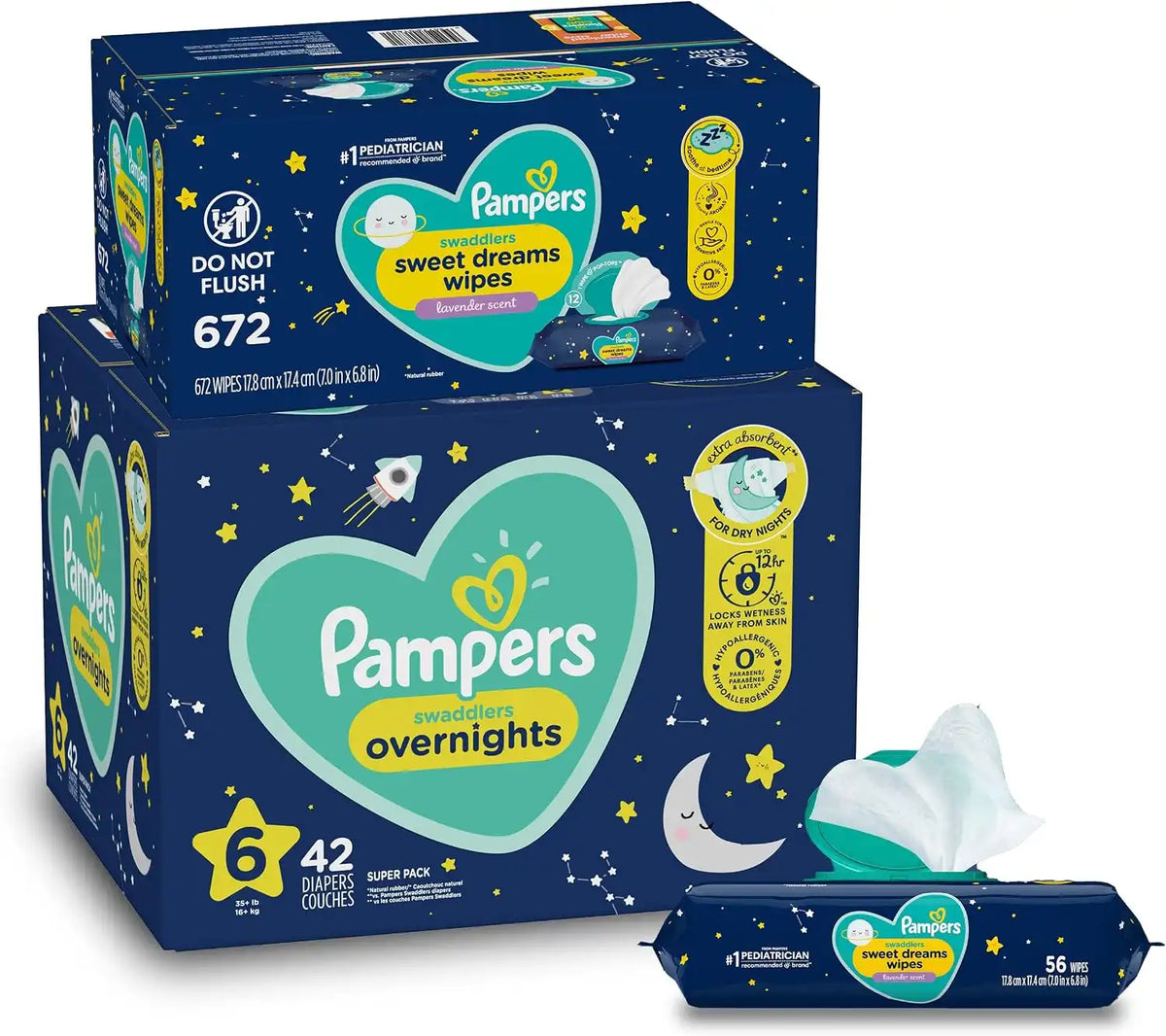 Overnight Diapers Size 6, 42 Count and Baby Wipes - Pampers Swaddlers Overnights Disposable Baby Diapers and Sweet Dreams Wipes, 12X Pop-Top (672 Count)