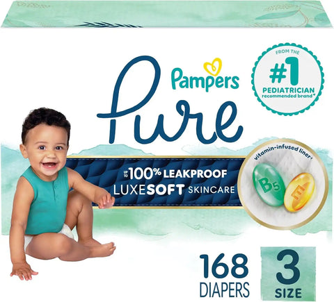 Pampers Pure Baby Diapers, Size 3 (16-28 lbs), 168, Up to 100% Leakproof, Premium Hypoallergenic Soft Diapers