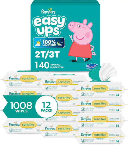 Pampers Easy Ups Pull On Training Pants Peppa Pig, 2T-3T, One Month Supply (140 Count) with Sensitive Water Based Baby Wipes 12 Flip-Top Packs (1008 Wipes Total)