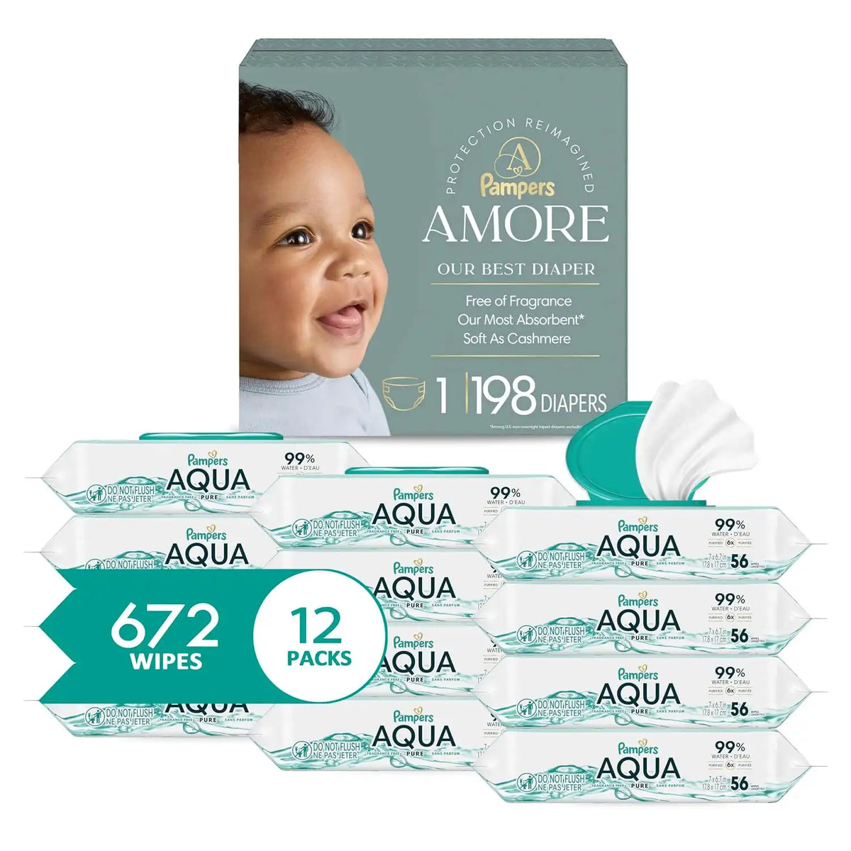 Bundle of Pampers Amore, Size 1 (8-14 lbs), 198 Count, Pampers Baby Wipes Aqua Pure, 99% Water-Based Wipes, Hypoallergenic and Unscented Baby Wipes, 672 Wipes Total (12 Flip-Top Packs)
