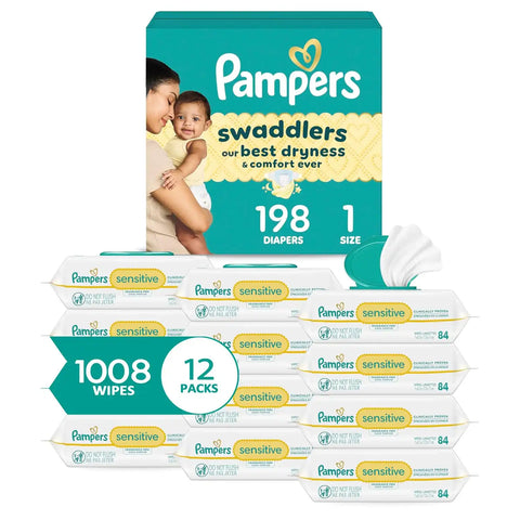 Pampers Swaddlers Disposable Baby Diapers Size 1, 198 Count with Sensitive Water Based Baby Wipes 12 Flip-Top Packs (1008 Wipes Total)