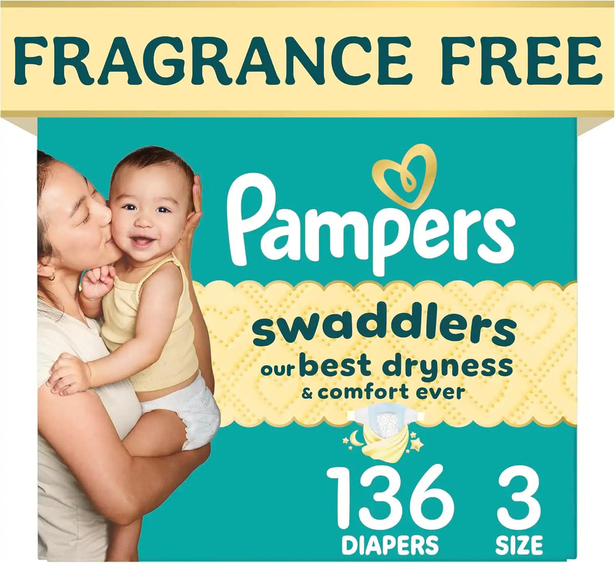 Pampers Swaddlers Diapers, Size 3 (13-26 lbs), 136 Count, Fragrance Free, Hypoallergenic, Absorbent, Pediatrician Recommended, Skin Safe