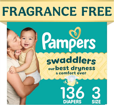 Pampers Swaddlers Diapers, Size 3 (13-26 lbs), 136 Count, Fragrance Free, Hypoallergenic, Absorbent, Pediatrician Recommended, Skin Safe