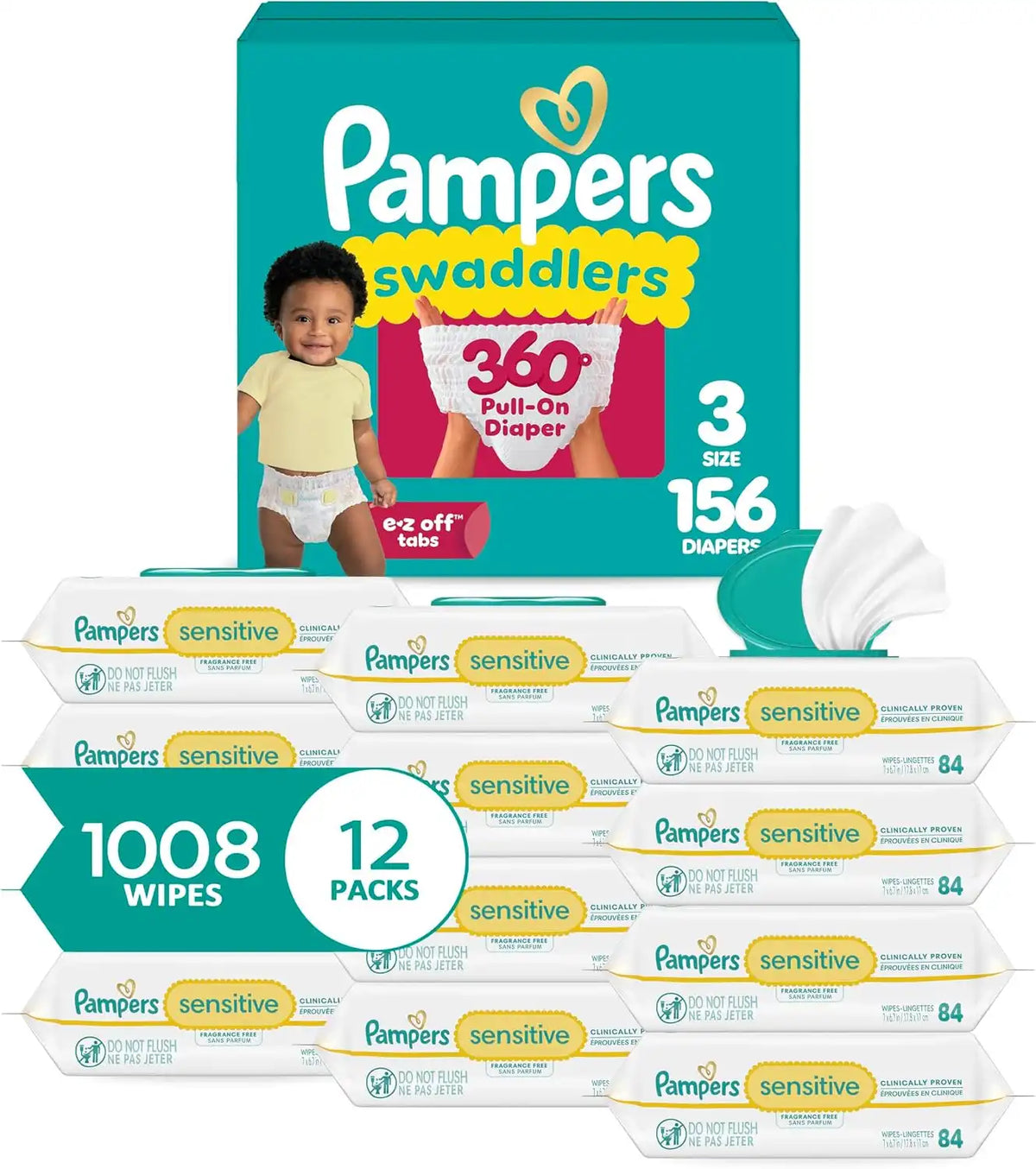 Pampers Swaddlers 360 Pull-On Diapers, Size 3, 156 Count, with Sensitive Water Based Baby Wipes 12 Flip-Top Packs (1008 Wipes Total)