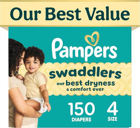 Pampers Swaddlers Diapers, Size 4 (15-34 lbs), 150 Count, Fragrance Free, Hypoallergenic, Absorbent, Pediatrician Recommended, Skin Safe
