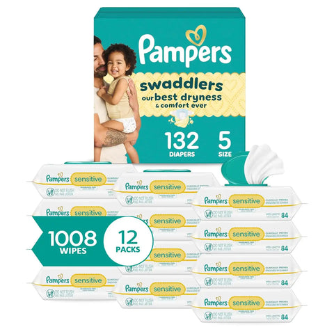 Pampers Swaddlers Disposable Baby Diapers Size 5, 132 Count with Sensitive Water Based Baby Wipes 12 Flip-Top Packs (1008 Wipes Total)