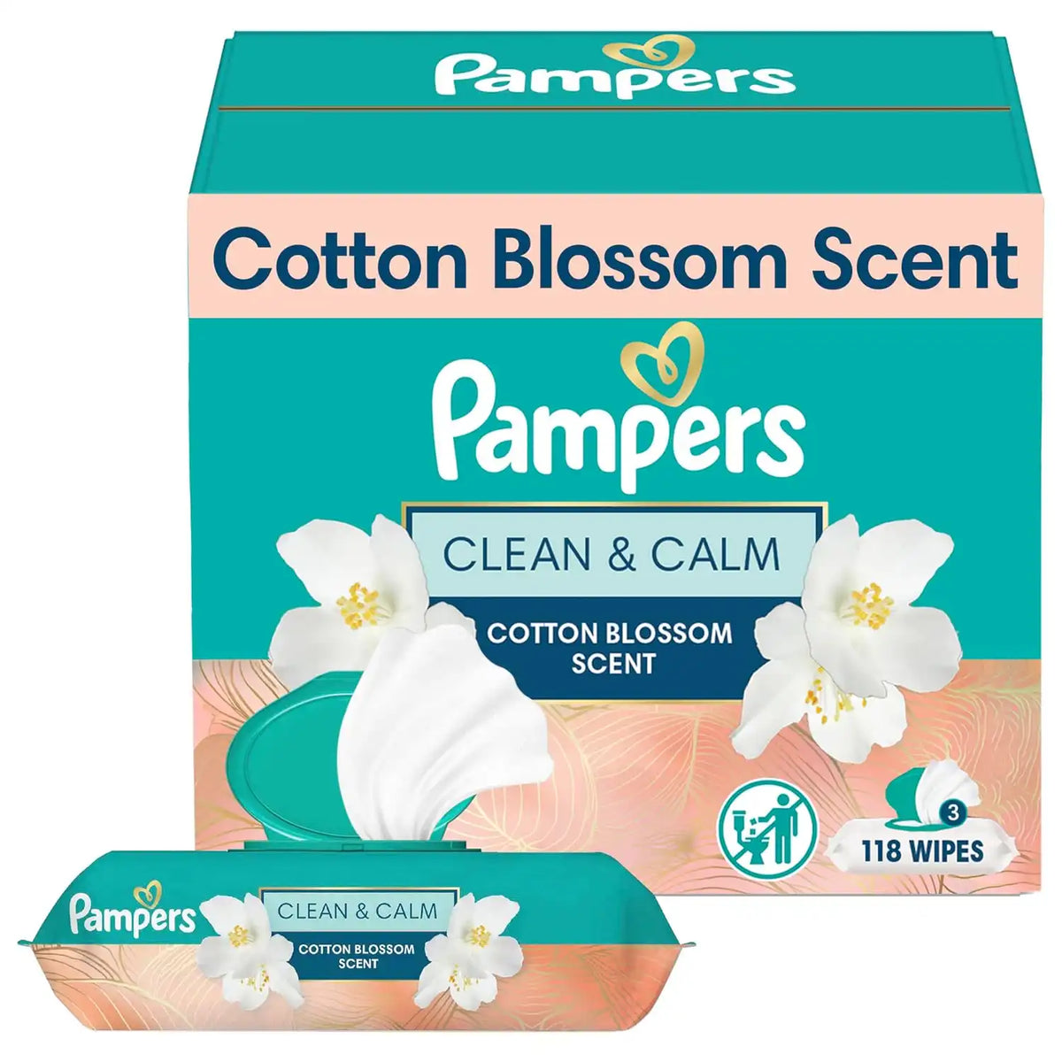Pampers Wipes, Clean & Calm, Cotton Blossom Scent, 118 Wipes Total (3x Pop-Top Packs)