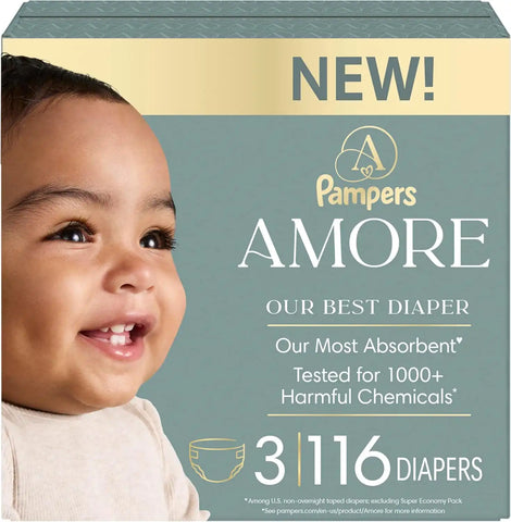 Pampers Amore, Size 3 (13-26 lbs), 116 Count, Our Best Diaper – Hypoallergenic & Fragrance Free, Up to 100% Leakproof, Soft as Cashmere