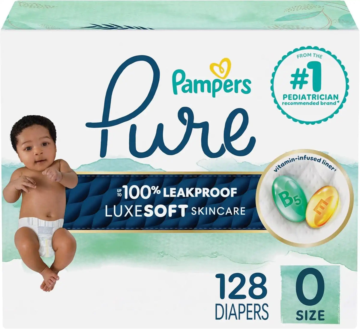Pampers Pure Baby Diapers, Size 0 (>10 lbs ), 128, Up to 100% Leakproof, Premium Hypoallergenic Soft Diapers