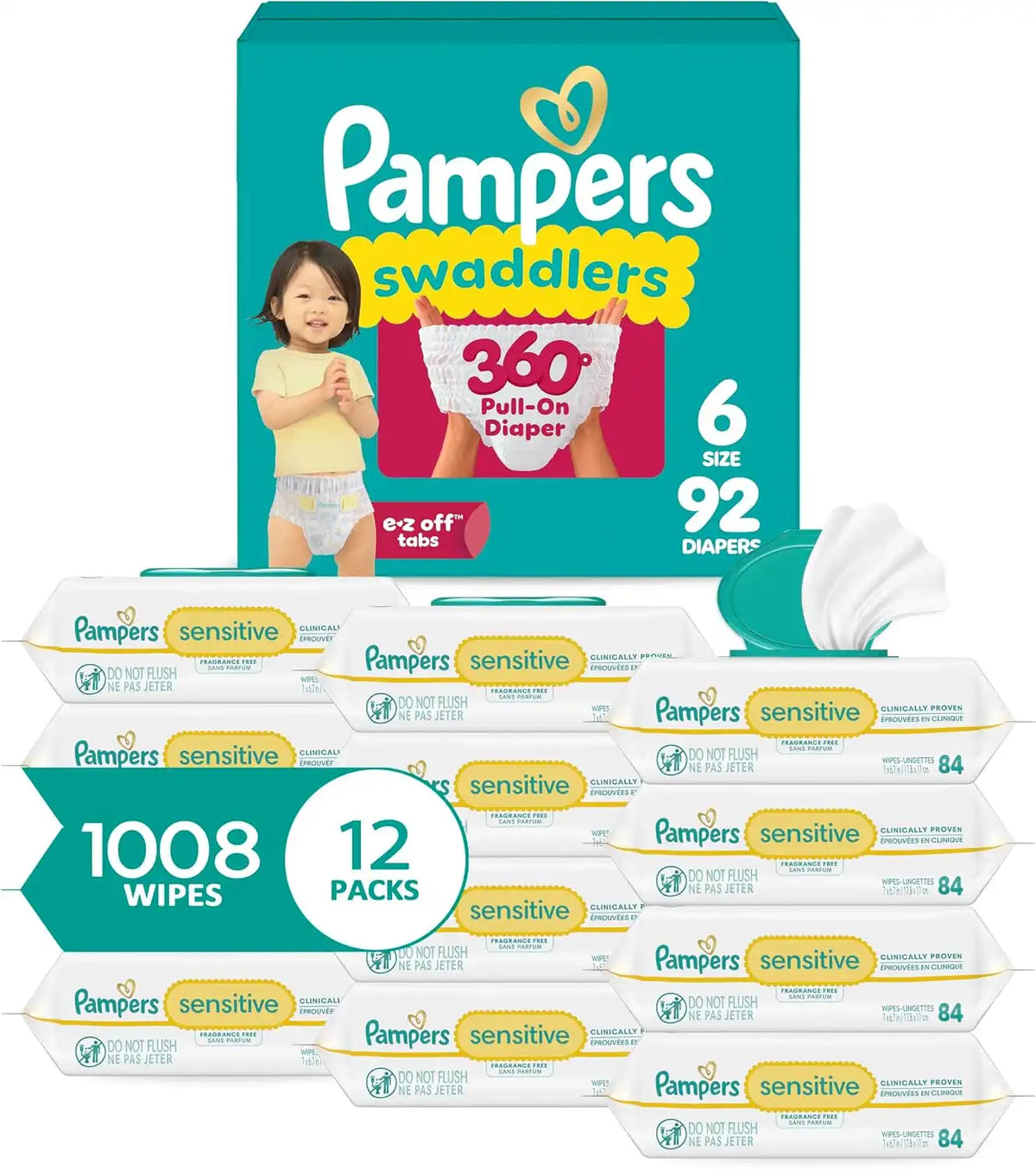 Pampers Swaddlers 360 Pull-On Diapers, Size 6, 92 Count, with Sensitive Water Based Baby Wipes 12 Flip-Top Packs (1008 Wipes Total)