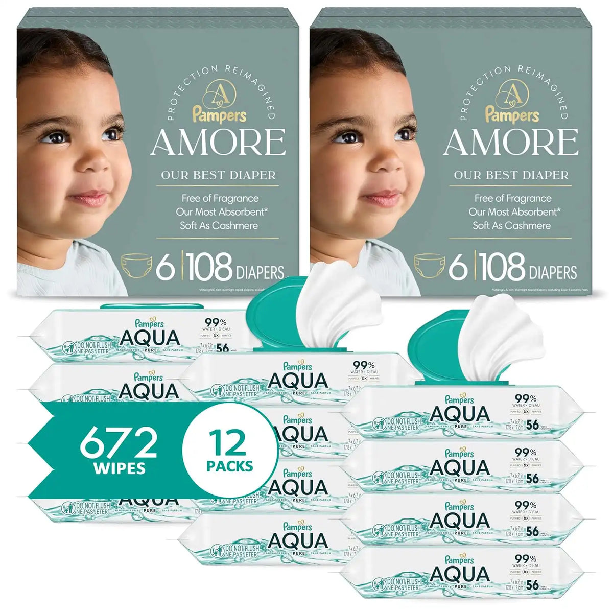 NEW Pampers Amore, Size 6 (23-44 lbs), 108 Count, Our Best Diaper + Pampers Baby Wipes Aqua Pure, 99% Water-Based Wipes, Hypoallergenic and Unscented Infant Wipe, 672 Total (12 Flip-Top Packs)