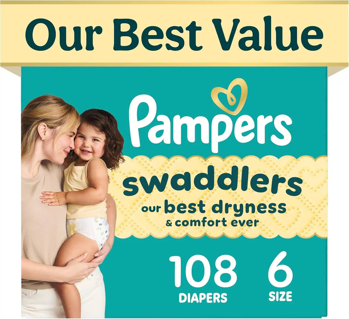 Pampers Swaddlers Diapers, Size 6 (23-44 lbs), 180 Count, Fragrance Free, Hypoallergenic, Absorbent, Pediatrician Recommended, Skin Safe