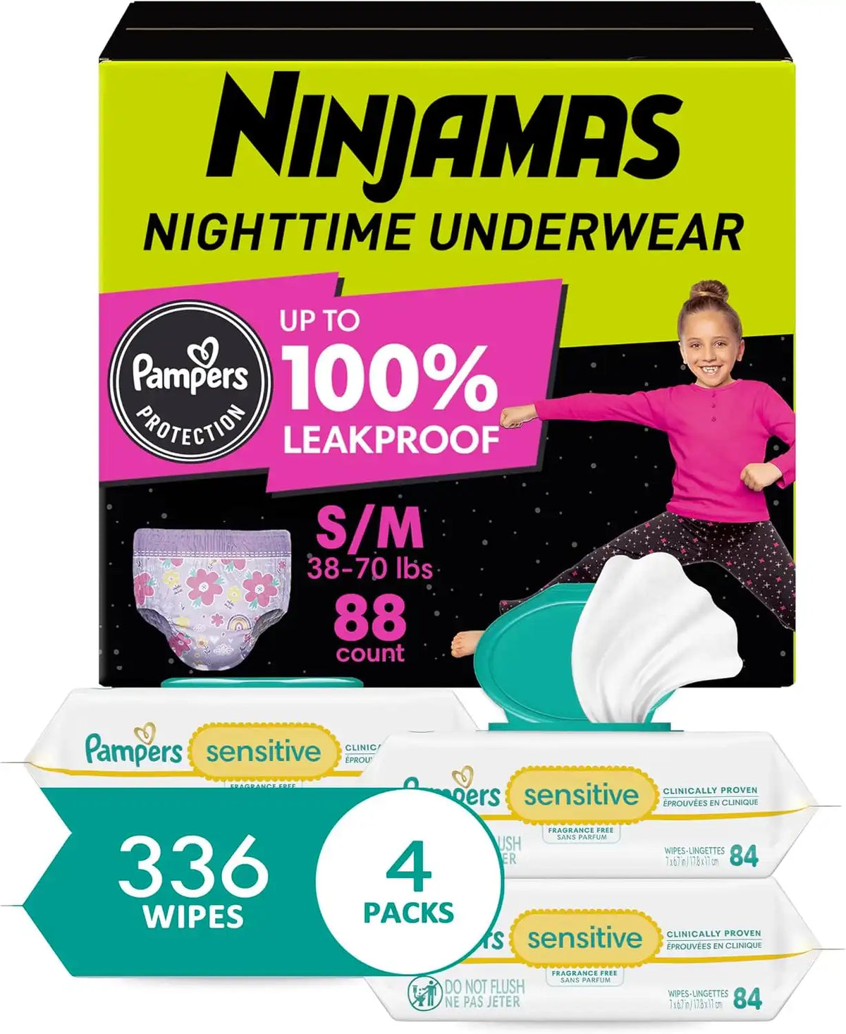 Ninjamas Girls Nighttime Underwear, Size S/M (38-70 lbs), 88 Count, Overnight Protection + Pampers Wipes, Sensitive, Water Based Wipe, Unscented, 336 Wipes Total [Packaging May Vary]