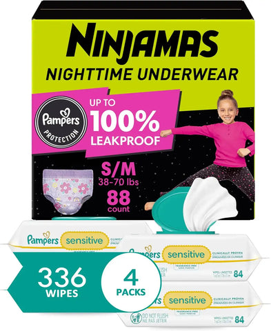 Ninjamas Girls Nighttime Underwear, Size S/M (38-70 lbs), 88 Count, Overnight Protection + Pampers Wipes, Sensitive, Water Based Wipe, Unscented, 336 Wipes Total [Packaging May Vary]