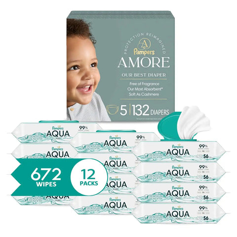 Bundle of Pampers Amore, Size 5 (20-37 lbs), 132 Count, Pampers Baby Wipes Aqua Pure, 99% Water-Based Wipes, Hypoallergenic and Unscented Baby Wipes, 672 Wipes Total (12 Flip-Top Packs)