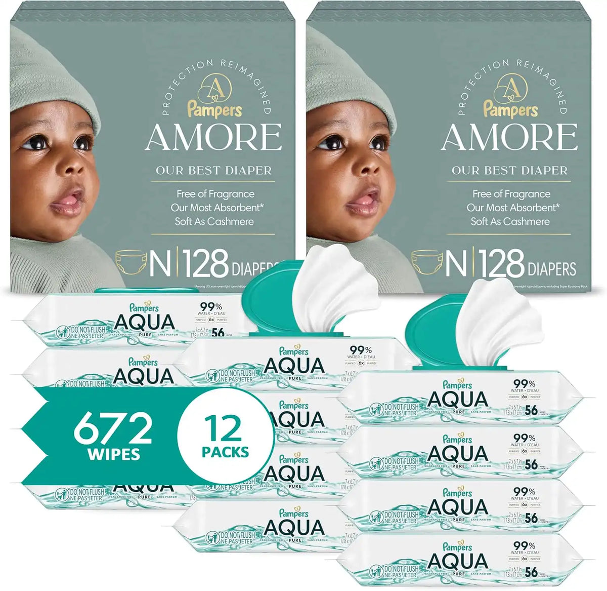 Pampers Amore Diapers Size 0, 2 x 128 Count, with Pampers Aqua Pure Water Based Baby Wipes 12X Flip-Top Packs (672 Count)