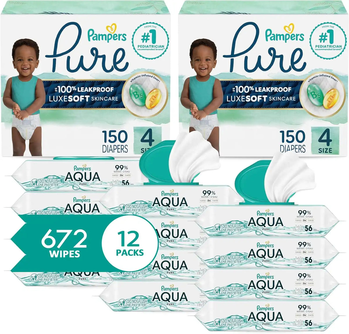 Pampers Pure Protection Disposable Baby Diapers Size 4, 2 Month Supply (2 x 150 Count) with Aqua Pure Sensitive Baby Wipes, 12X Pop-Top Packs (672 Count)