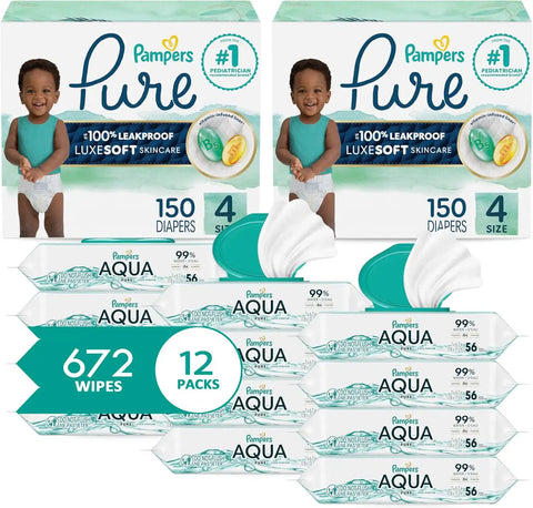Pampers Pure Protection Disposable Baby Diapers Size 4, 2 Month Supply (2 x 150 Count) with Aqua Pure Sensitive Baby Wipes, 12X Pop-Top Packs (672 Count)