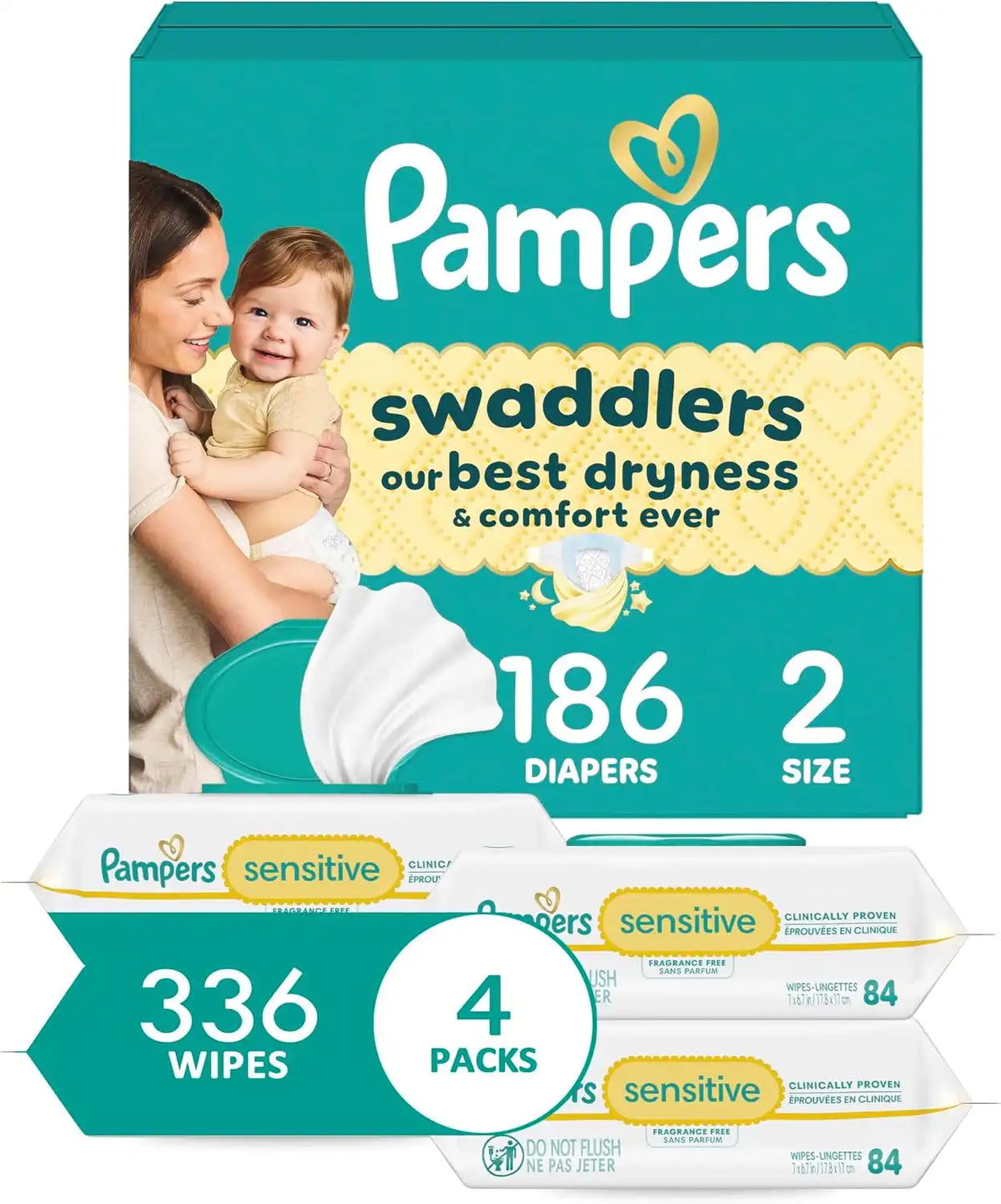 Diapers Size 2, 186 Count and Baby Wipes - Pampers Swaddlers Disposable Baby Diapers and Water Baby Wipes Sensitive Pop-Top Packs, 336 Count (Packaging May Vary)