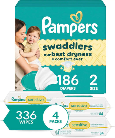 Diapers Size 2, 186 Count and Baby Wipes - Pampers Swaddlers Disposable Baby Diapers and Water Baby Wipes Sensitive Pop-Top Packs, 336 Count (Packaging May Vary)
