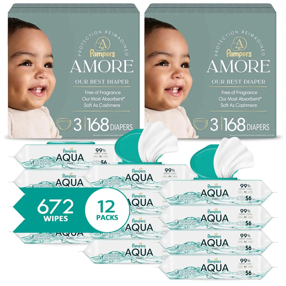 NEW Pampers Amore, Size 3 (13-26 lbs), 168 Count, Our Best Diaper + Pampers Baby Wipes Aqua Pure, 99% Water-Based Wipes, Hypoallergenic and Unscented Infant Wipe, 672 Total (12 Flip-Top Packs)
