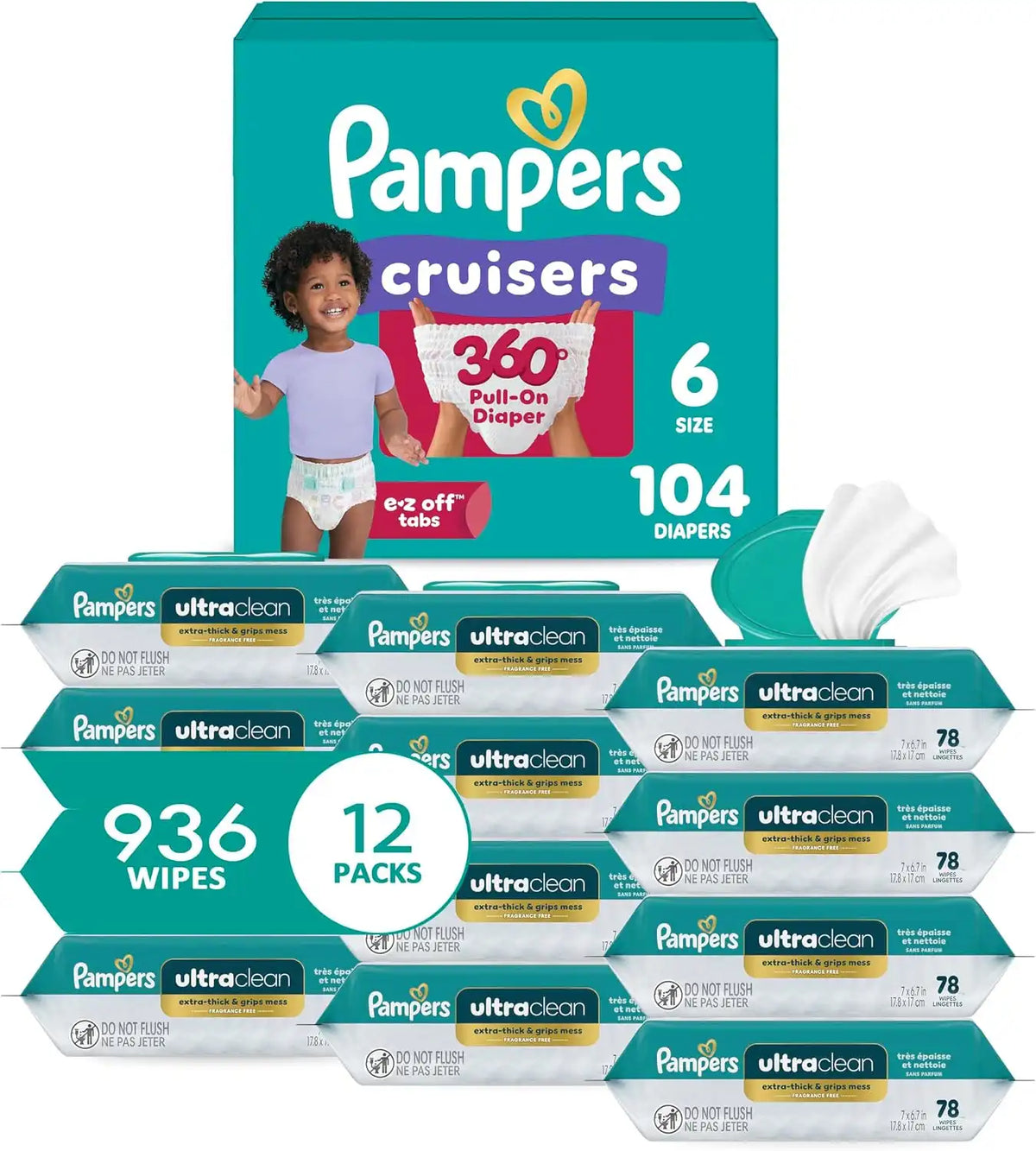 Pampers Pull On Cruisers 360° Fit Disposable Baby Diapers Size 6, 104 Count with Free & Gentle Baby Wipes 12 Flip-Top Packs (936 Wipes Total)
