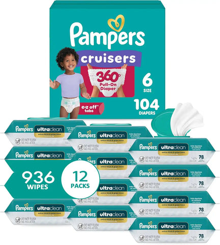 Pampers Pull On Cruisers 360° Fit Disposable Baby Diapers Size 6, 104 Count with Free & Gentle Baby Wipes 12 Flip-Top Packs (936 Wipes Total)