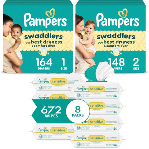 Pampers Baby Diapers and Wipes Starter Kit, Swaddlers Disposable Baby Diapers Sizes 1 (164 Count) & 2 (148 Count) with Sensitive Water Based Baby Wipes 8X Pack Pop-Top (672 Count)