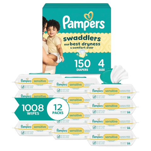Pampers Swaddlers Disposable Baby Diapers Size 4, 150 Count with Sensitive Water Based Baby Wipes 12 Flip-Top Packs (1008 Wipes Total)