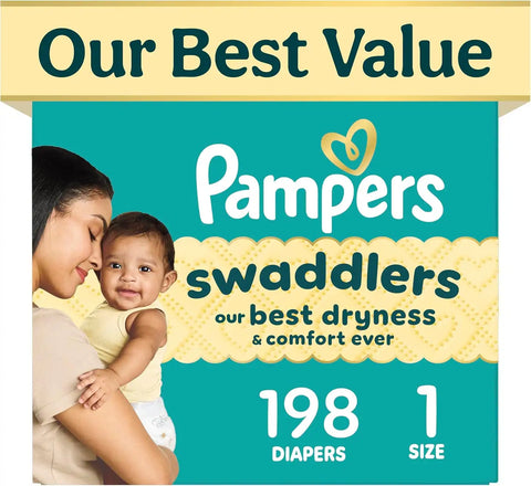 Pampers Swaddlers Diapers, Size 1 (8-14 lbs), 198 Count, Fragrance Free, Hypoallergenic, Absorbent, Pediatrician Recommended, Skin Safe