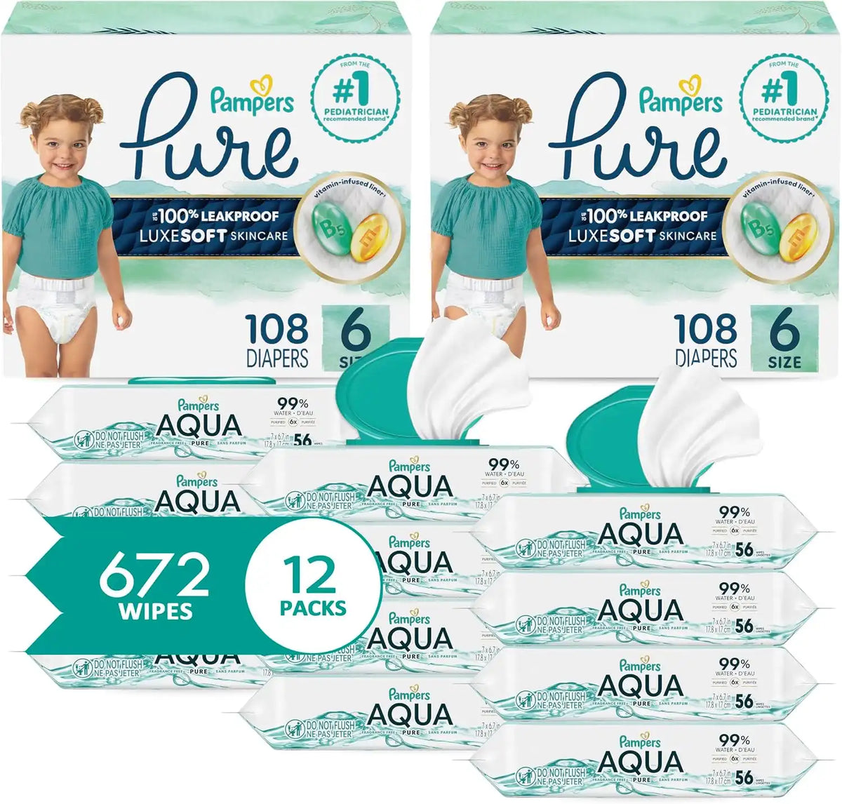 Pampers Pure Protection Disposable Baby Diapers Size 6, 2 Month Supply (2 x 108 Count) with Aqua Pure Sensitive Baby Wipes, 12X Pop-Top Packs (672 Count)