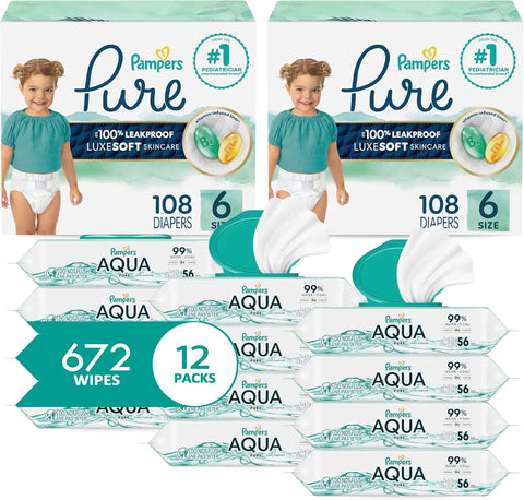 Pampers Pure Protection Disposable Baby Diapers Size 6, 2 Month Supply (2 x 108 Count) with Aqua Pure Sensitive Baby Wipes, 12X Pop-Top Packs (672 Count)