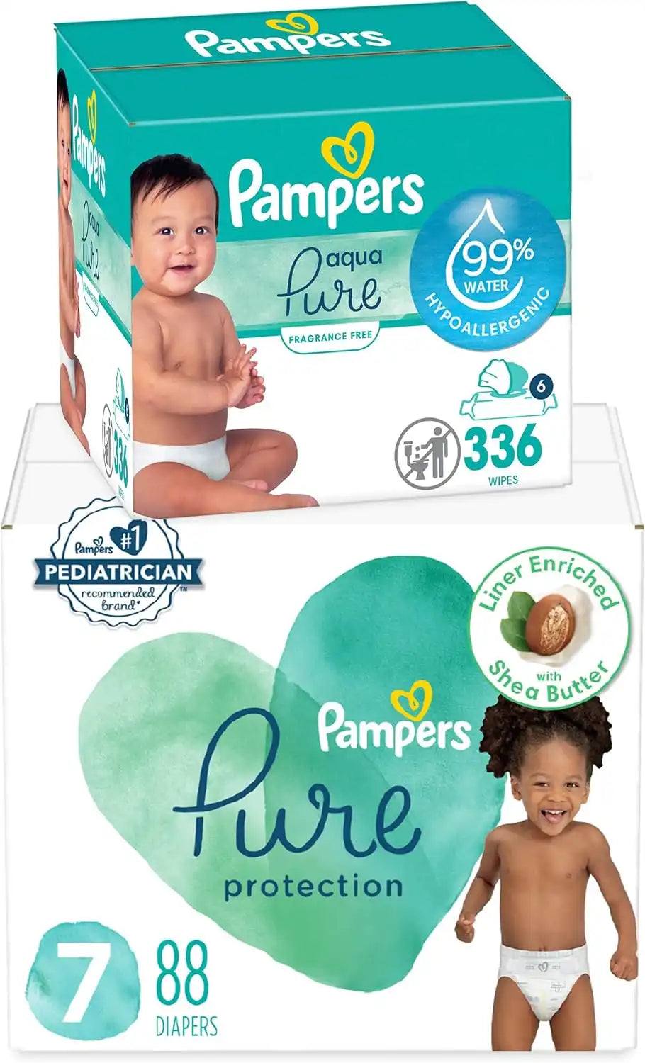 Pampers Pure Protection Disposable Baby Diapers Size 7, One Month Supply (88 Count) with Aqua Pure Baby Wipes, 6X Pop-Top Packs (336 Count)