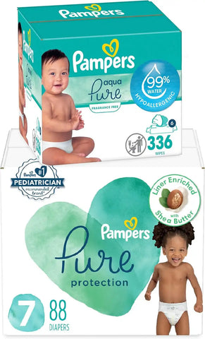 Pampers Pure Protection Disposable Baby Diapers Size 7, One Month Supply (88 Count) with Aqua Pure Baby Wipes, 6X Pop-Top Packs (336 Count)
