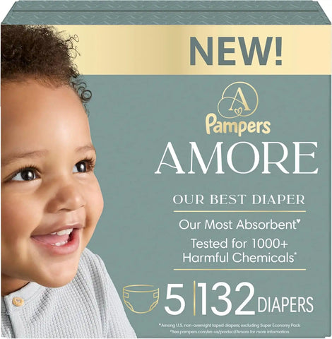Pampers Amore, Size 5 (20-37 lbs), 132 Count, Our Best Diaper – Hypoallergenic & Fragrance Free, Up to 100% Leakproof, Soft as Cashmere