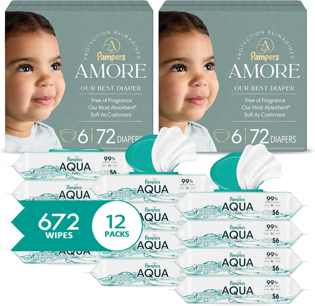Pampers Amore Diapers Size 6, 2 x 72 Count, with Pampers Aqua Pure Water Based Baby Wipes 12X Flip-Top Packs (672 Count)