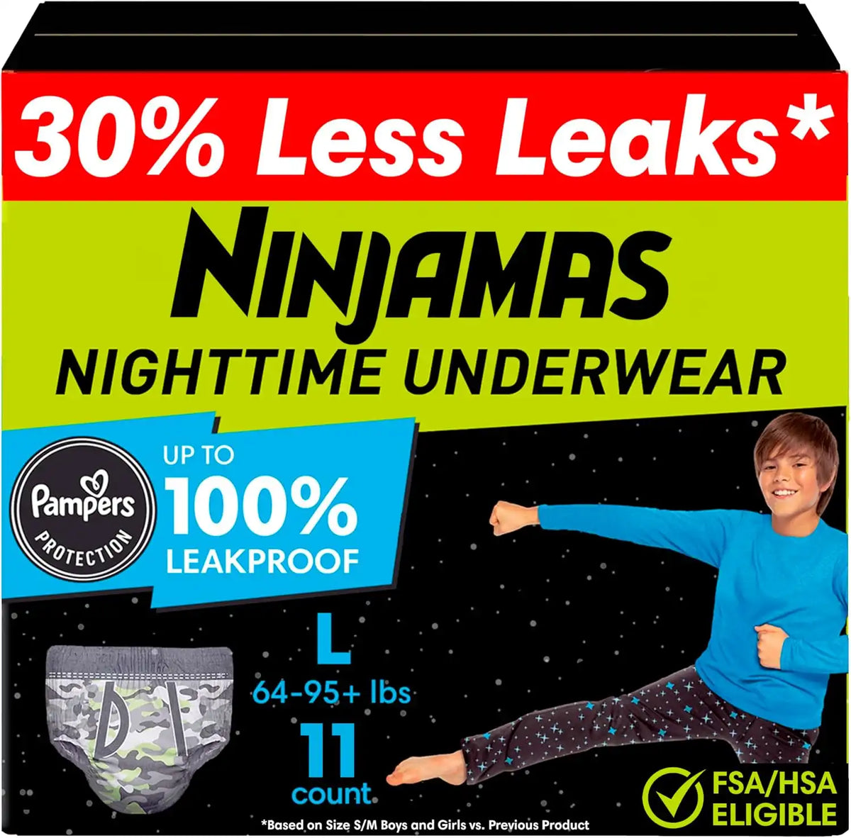 Ninjamas Boys Bedwetting Nighttime Underwear Boys - Size L (64-95+ lbs), 11 Count, Overnight Protection, Ultra Absorbent, Hypoallergenic
