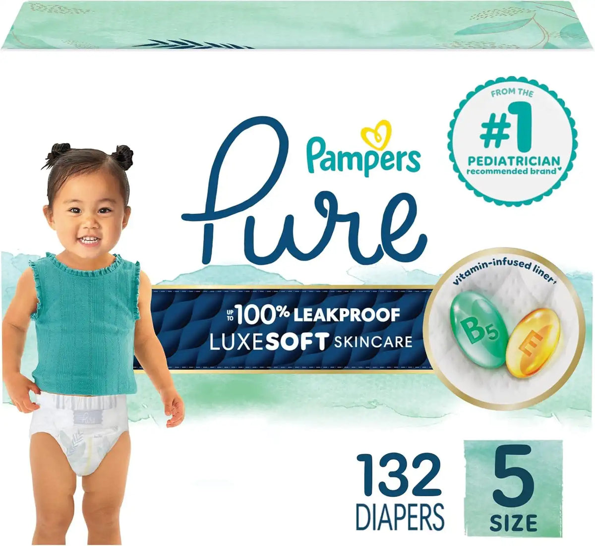 Pampers Pure Baby Diapers, Size 5 (27+ lbs), 132, Up to 100% Leakproof, Premium Hypoallergenic Soft Diapers