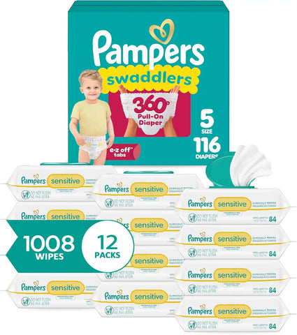 Pampers Swaddlers 360 Pull-On Diapers, Size 5, 116 Count, with Sensitive Water Based Baby Wipes 12 Flip-Top Packs (1008 Wipes Total)